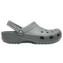 A single grey plastic clog with a strap, featuring ventilation holes and a textured sole, displayed in a side profile on a white background.