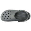 Grey clog shoe shown from above, featuring a perforated upper for ventilation and a curved heel strap. The shoe has a simple, functional design.