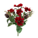 Artificial red poinsettia Christmas bouquet with festive pine cones, glittered gold foliage and green leaves, ideal for Christmas table centrepieces and seasonal floral displays.