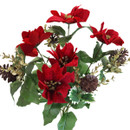 Close-up of an artificial Christmas poinsettia bouquet featuring rich red poinsettias, decorative pine cones and glittered gold foliage for festive home décor.