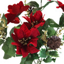 Detailed view of the artificial red poinsettia arrangement highlighting velvety petals, pine cone accents and sparkling gold foliage for elegant Christmas decorating.