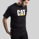 Person wearing a black CAT short sleeve T-shirt featuring the large CAT logo on the chest.