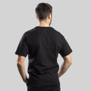 Rear view of black CAT short sleeve T-shirt with plain back and crew neck.