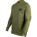Green long-sleeve shirt with "CAT" logo on chest and "CAT" text down the sleeve. The shirt has a casual yet sturdy appearance, embodying durability. Green long-sleeve shirt with "CAT" logo on chest and "CAT" text down the sleeve. The shirt has a casual yet sturdy appearance, embodying durability.