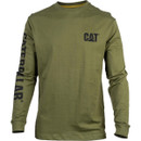 Olive green long-sleeve shirt with 'CAT' logo on the chest. 'Caterpillar' text runs down the left sleeve. Casual, rugged style.