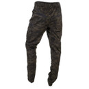 Back view of camouflage CAT work trousers laid flat with rear pockets and tapered leg design.