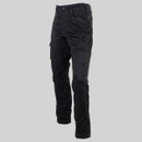 Angled flat lay view of black CAT work trousers highlighting ergonomic leg shape and reinforced construction