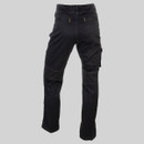 Flat lay rear view of black CAT work trousers with belt loops, back pockets and reinforced panels