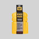 CAT yellow knee pads in retail packaging, designed for comfortable and ergonomic knee protection.