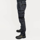 Side view of charcoal grey work trousers showing cargo pockets, tool loops and reinforced panels for durability.