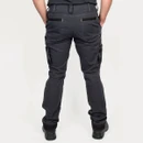 Rear view of charcoal grey work trousers with reinforced seat, back pockets and sturdy stitching.