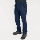 Angled front view of navy blue utility work trousers highlighting stretch fabric, pocket layout and reinforced knees.