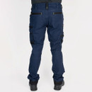 Rear view of navy blue work trousers with reinforced seat, back pockets and strong stitching.