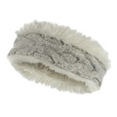Grey cable knit headband with soft white fluffy lining, offering a warm and cosy feel. The design conveys a sense of comfort and winter fashion.