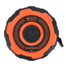 Orange and black round measuring tape labeled "Tactix," displaying 30 meters and 100 feet markings. The design is bold, modern, and practical.