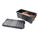 Black storage bin with lid, filled with assorted orange tools, placed against a white background. Lid lies in front, showcasing sturdy design.