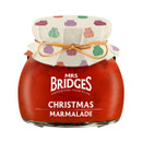 Mrs Bridges Christmas marmalade in a premium glass jar with a festive fabric-covered lid and ribbon, luxury citrus marmalade ideal for Christmas breakfasts, toast, croissants, afternoon tea and festive gift hampers.