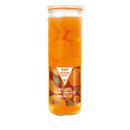 Tall glass jar of apricots in light syrup with amaretto, featuring a colourful label with fruit imagery. The contents appear vibrant and inviting.