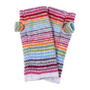Colourful striped fingerless gloves with thumb openings, featuring vibrant rainbow hues. The knit texture adds a cosy, cheerful feel against a white background.