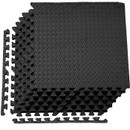 Set of black EVA interlocking floor mats with detachable edges, featuring a textured diamond pattern surface, ideal for gym flooring, workshops, or garages.