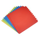 Set of colourful interlocking foam floor mats in red, blue, green, and yellow, ideal for playrooms, gyms, or workshops with easy-to-fit puzzle-style edges.