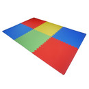 Angled view of assembled multicoloured foam floor mats with interlocking edges, showing a durable, soft surface perfect for play areas or workout spaces.