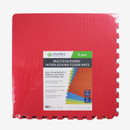 Pack of six Charlies multicoloured interlocking floor mats in red, blue, green, and yellow, ideal for home gyms or children’s play areas, shown with retail label.