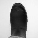 Top-down view of a black Barbour wellington boot showing the rounded toe shape and smooth waterproof rubber finish.