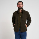 Front view of a man modelling an open dark olive green fleece jacket over a matching polo shirt and blue jeans.