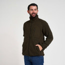 Man wearing a dark olive green fleece jacket with high collar, zipped chest pocket and hand pockets.