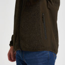 Close-up side view of a dark olive green fleece jacket showing the textured fabric, zipped pocket and curved hem.