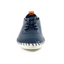 Front view of navy leather lace-up shoe showing rounded toe and contrast whipstitching on the white sole.