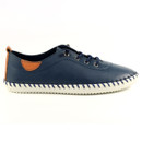 Side view of navy leather lace-up shoe with tan heel detail and white whipstitched sole on a white background.