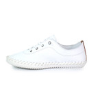 Side profile of a white leather lace-up trainer shoe with stitched white sole and tan heel strip on a white background.