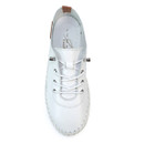 Top-down view of a white leather lace-up trainer shoe with white laces, metal eyelets and stitched sole on a white background.