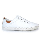 Side view of white leather lace-up trainer shoe with tan heel panel and hand-stitched white rubber sole on a white background.