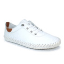 White leather lace-up trainer shoes with tan heel detail and stitched white sole, shown in a pair on a white background.