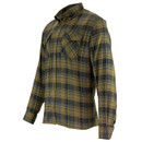 Three-quarter product view of an olive green and charcoal checked men’s long-sleeve shirt with button-down collar and chest pocket.