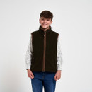 Boy wearing a dark brown fleece gilet with contrasting trim over a checked shirt and blue jeans.
