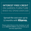 Promotional ad offering interest-free credit on garden furniture over £500 with Klarna for 12 months.