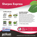 Sharpe's Express Seed Potatoes infographic highlights their uses: boiling, baking, salad, roasting, chipping, mashing. Premium Scottish potatoes, first early variety.