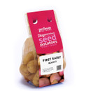 Bag of Jamieson Brothers 2kg seed potatoes labeled "First Early - Rocket." Brown potatoes in mesh with pink tag, conveying freshness and quality.