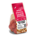 A mesh bag of Jamieson Brothers premium Scottish seed potatoes labelled "Red Duke of York." The packaging highlights harvest time as 10-12 weeks.