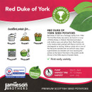 Graphic for "Red Duke of York" seed potatoes by Jamieson Brothers. Features icons for boiling, baking, chipping, roasting, and mashing. Highlights heritage, early variety, organic growth, and RHS award. Planting: March-April, Harvest: June-July.
