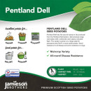 Pentland Dell seed potatoes ad with green leaf design. Icons for baking, chipping, roasting show excellence. Suitable for boiling, mashing. Maincrop variety with disease resistance. Harvest time: March-April, 15-22 weeks, June-July. Jamieson Brothers branding.