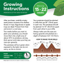 Alt text: "Instructional guide for growing premium Scottish seed potatoes. Includes steps for planting, spacing, and soil preparation. Maincrop takes 15-22 weeks. Diagram shows drills and spacing in inches and centimeters. For planting, ensure potatoes are 28 inches apart in rows and 12-15 inches between potatoes, with eyes facing up at a 4-6 inch depth. Best planting times are March-April. Note: Harvest time depends on weather and climate."