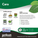 Promotional poster for Cara seed potatoes by Jamieson Brothers. Illustrations show cooking methods: boiling, baking, chipping, roasting, and mashing. Features include robust, disease, and drought resistance. Plant in March-April; harvest by June-July. Premium Scottish produce.