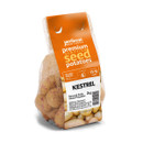 Bag of Kestrel seed potatoes labelled "Jamieson Brothers Premium Scottish Seed Potatoes." Netting reveals spotted potatoes, suggesting quality produce.