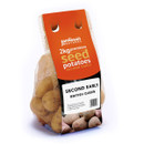 Mesh bag of seed potatoes labelled "Jamieson Brothers 2kg Premium Scottish Seed Potatoes, Second Early, British Queen." Orange packaging with logo.
