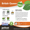 Promotional flyer for British Queen Seed Potatoes by Jamieson Brothers. Features benefits such as excellent for boiling, roasting, and baking; good for mashing and chipping. Highlights include excellent dry rot resistance, RHS Award of Garden Merit, planting in March-April, and harvest in June-July. Labelled as a Traditional Heritage Variety.